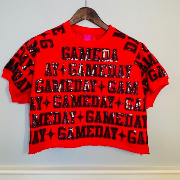 Queen of Sparkles QOS Sequin Game Day Sweatshirt Boxy Crop Fit Red/Black Small - Picture 2 of 7